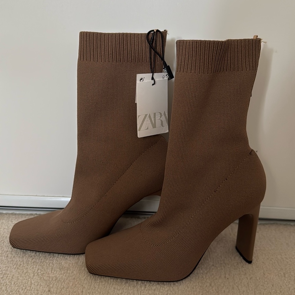 Zara Brown Heeled Sock Style Ankle Stretchy Boots Square Toe